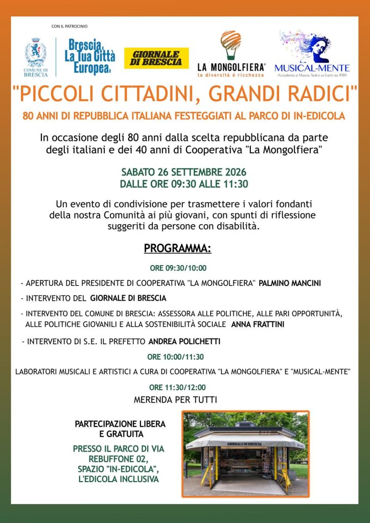“Piccoli cittadini, grandi radici”: La Mongolfiera festeggia a Brescia gli 80 anni della Repubblica con i più piccoli